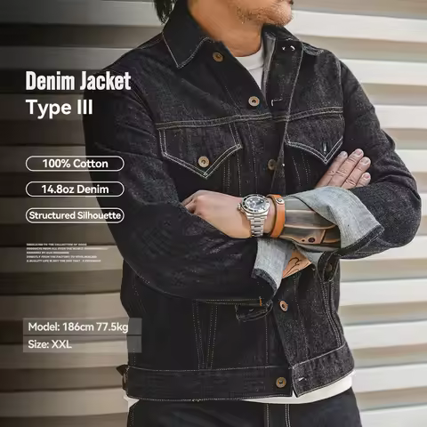 Maden Men's Denim Jacket Washed Vintage Jean Jacket Type III Trucker Jacket Cotton Slim Fit Workwear
