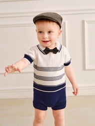 寶寶男童針織條紋立領短袖上衣和純色褲子休閑套裝