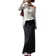 【Ready Stock】Women Black Maxi Skirt White Polka Dot Print Bodycon Slim Fit Retro Gaya Korea Pakaian 