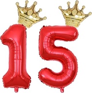 40 Inch Gold Crown Number 15 Balloons, 15th Birthday Balloons for Men Women, Red 15th Celebration De