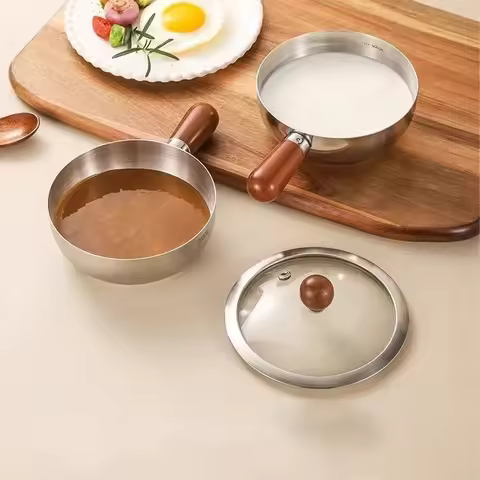 14/17cm Mini Pot Milk Pot for Camping Dorm Kitchen Stainless Steel Saucepan with Wood Handle Portabl