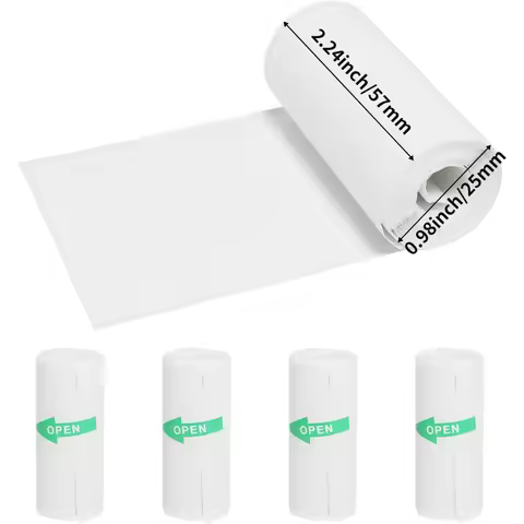 5 Rolls Thermal Adhesive Sticker Paper 57x25mm Inkless Black on White Paper for Mini Thermal Printer