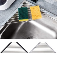 Triangle Dish Drying Rack For Sink Corner Roll Up Sponge Holder Foldable Stainless Steel Dish Drainer Kitchen Accessories