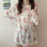 Strawberry Sweetheart Pink Sunscreen Clothing Mid-Length Top Lazy Style Loose Thin Gauze Long-Sleeve