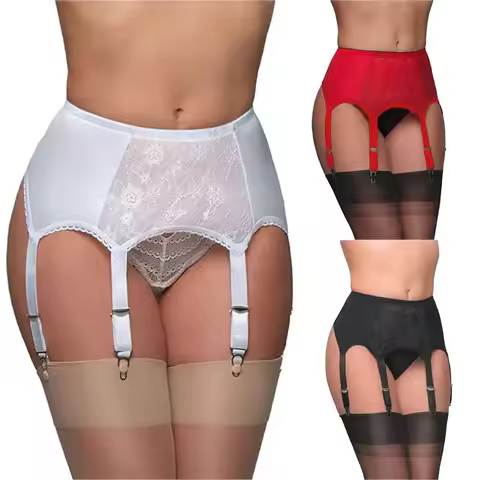 HEZIOWYUN Button High Waist Garter Belt Mesh Suspender Belt 6Straps Garter Belt for Thong Stocking S