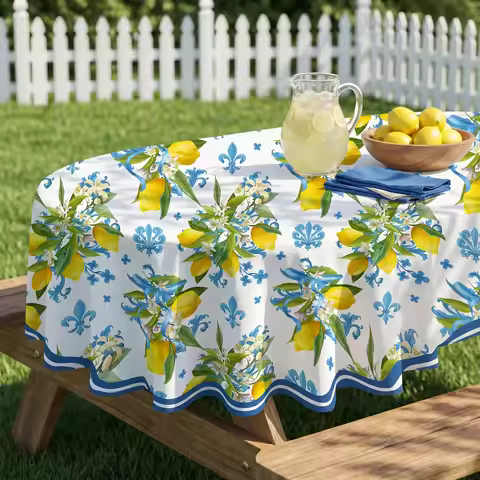 Mediterranean Summer Lemon Round/Rectangular Tablecloth - Water Lemon Indoor/Outdoor Home Table Part