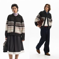 Unvesno(UN)復古費爾島幾何提花翻領撞色插肩毛衣針織開衫