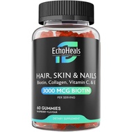Hair, Skin & Nail Gummies | Biotin Collagen Vitamin C & E Supplement | 3000mcg Biotin | Raspberry Fl