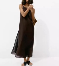 Spanish Womens 2025 Summer New Holiday Style Commuter Retro Brown Tulle Suspender Skirt Long Dress