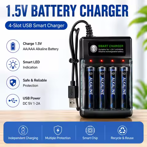Smart Battery Charger for AA AAA 1.5V Rechargeable Alkaline Batteries, Independent Safe Charging, 4-
