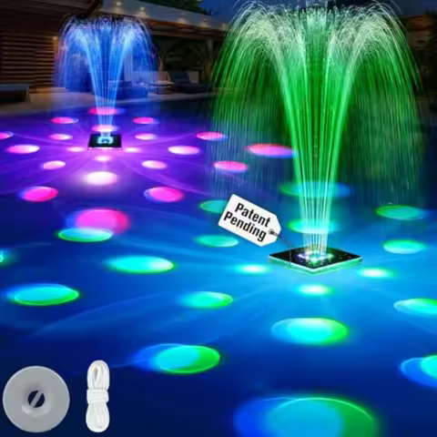 Dark Blue Solar Powered Floating Pool Fountain with 9 Lights and Anchor for Above Ground Pools Water