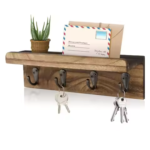Rustic Wood Key Holder For Wall Farmhouse Wall Shelf Wall Mounted Home Decor Wall Floating Shelf wit