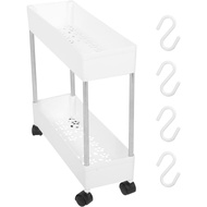 Housoutil Slim Rolling Storage Cart, 2-Tier Mobile Shelving Unit, White Plastic and Iron Trolley Rac
