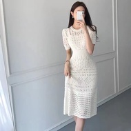 FANMU Dress rajutan berongga gaya Korea berwarna putih midi dress/casual dress