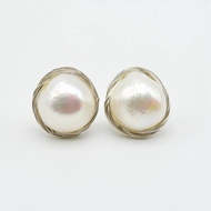 ต่างหูมุกสตั๊ดสีขาวธรรมชาติ Baroque Pearl Silver Stud Earrings Handmade Silver Braided Stud Earrings