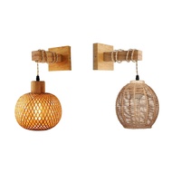 Retro Wall Light Woven Rattan Wood Sconces Living Room Bedside Lamp Vintage Bedroom Decoration Light