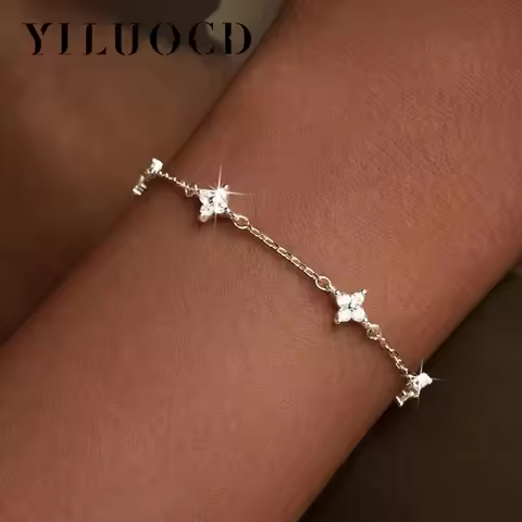 925 Silver Plated Cz Four-leaf Flower Bracelet for Women Shiny Zircon Flower Adjustable Link Chain B
