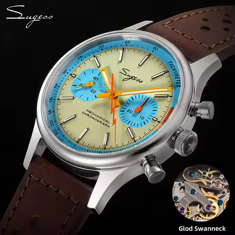 Sugess 1963 Pilot Watch Mens Chronograph Mechanical Wristwatches Original ST1901 Swanneck Movement S
