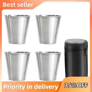 Stainless Steel Shot Cups, Set of 4 Cups, Metal Shot Glasses, Stackable, Hip Flask Small with Leathe