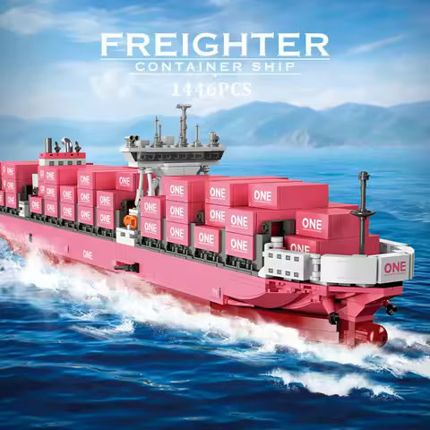 City 1446Pcs Pink Cargo Container Ship Freighter Building Blocks Creative Cruise Ship MOC Bricks Dec