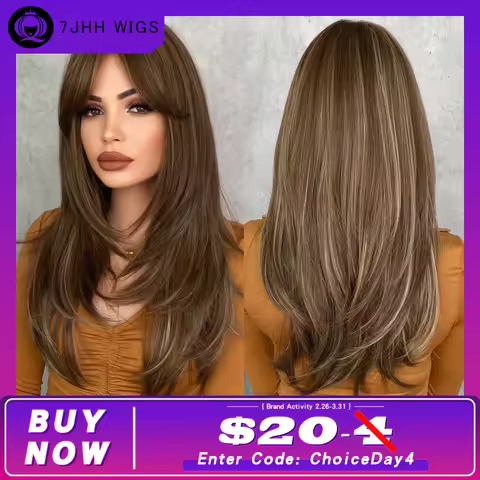 7JHH WIGS Honey Blonde Wig with Bangs Long Brown Wigs for Women,Layered Heat Resistant Synthetic Wig