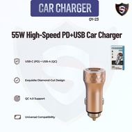 QY-23 55W Fast Car Charger PD USB-C + USB-A QC4.0 Dual Port Fast Charge iPhone Samsung