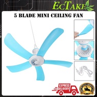 [ECTAKE] Mini 5 Blade Ceiling Fan Portable Strong Wind Silent Hanging Ceiling Fan Kipas 220V (Blue C