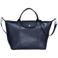 Longchamp LE PLIAGE CUIR HANDBAG  กระเป๋าหนังแท้  สี  Navy Size M  (MADE IN FRANCE)