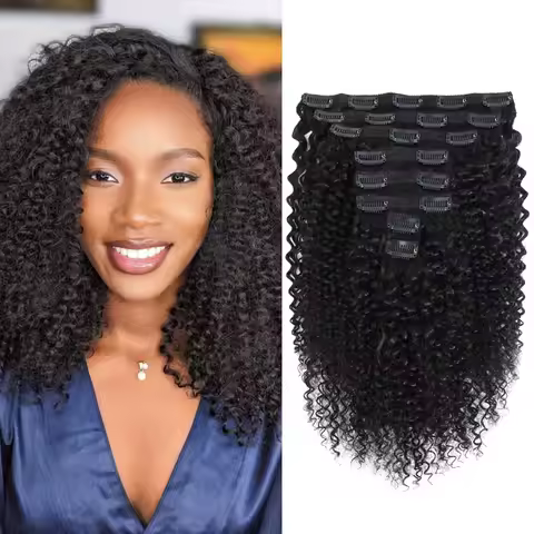 Jerry Curly Clip in Hair Extensions - Brazilian Human Hair 3B 3C Curly - 16-24 Inch 7Pcs Set - Natur