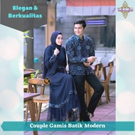 couple gamis batik kombinasi brokat sarimbit kondangan pasangan modern - navy sepasang/couple