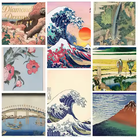 Frameless,Diy Full Drill Hokusai Diamond Art Painting The Great Wave Diamond Mosaic Japanese Cherry 
