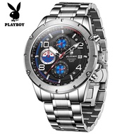 【ของแท้ 100%】PLAYBOY นาฬิกาข้อมือชาย กันน้ำลึก 30 เมตร สแตนเลสสตีล ปฏิทินแฟชั่น นาฬิกาควอตซ์ หน้าปัด