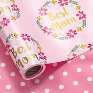 LeZakaa Reversible Wrapping Paper Roll - Best Mom Flower & White Dot in Pink for Mother's Day - 17 i