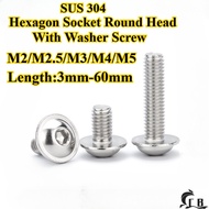 [CB-NLJLS] SUS304 Hexagon Socket Round Head With Washer Screw M2/M2.5/M3/M4/M5 Furniture Screw, Pan 