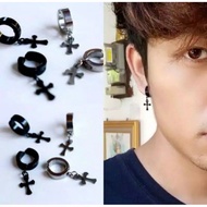 Anting Salib Jepit Titanium Hitam tanpa Lubang Tindik Jepit Pria Keren