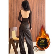 Ruo Bei Xuan เอวสูงวินเทจกางเกงหนังขาตรงทรงหลวมสำหรับผู้หญิง