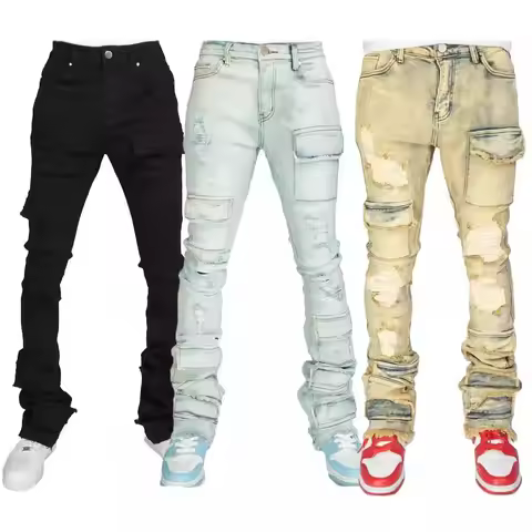 American New Ripped Stretchy Men's Stacked Jeans Destroyed Wash Tear Cargo Pants Frayed Hem Muti-poc