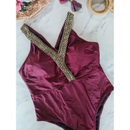 Plus Size 2XL One Piece Maroon Detail Stitch Criss-cross Back Swimsuit.
