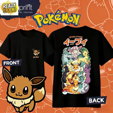 Bandai Pokémon Eeveelutions 100%cotton Tshirt O-neck Cute Style Short Sleeve 2026 Summer Kids/Men's 