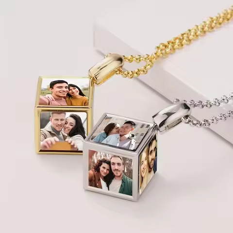 Custom 6 Pictures Fashion 6 faces Cube Necklace Pendant Unique, Gift for Father's Mother's Day Birth