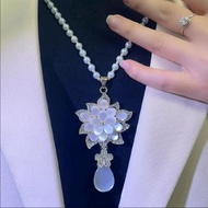 Long Pearl Chain Necklace Lotus Flower Pendant natural Stone Lotus Flower Long Necklace N66