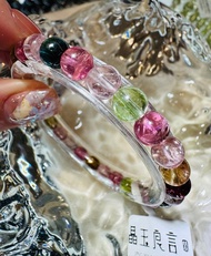 天然老礦明色碧璽水晶手珠6.5mm13.49g旺夫石電氣石藍綠灰西柚色