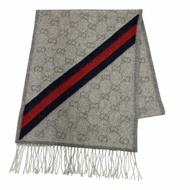 全新☆GUCCI 570603 羊毛羊駝毛 GG 圖案流蘇圍巾，灰色，37 x 190厘米，意大利製造，正品，女士