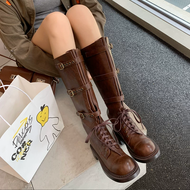 Miu* Home Belt Buckle Long Boots ผู้หญิง Brown Western Cowboy Boots สไตล์อังกฤษ Martin Boots Knight