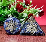 Sawcart Metatron Grid Lapis Lazuli Orgone Pyramid & Metatron’s Cube Merkaba with 7 Chakra Crystals O