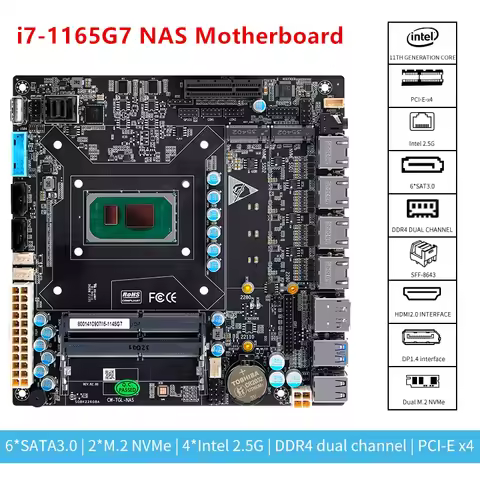 6 Bay NAS Motherboard 11th Gen Intel i7 1165G7 i5 1135G7 i3 1115G4 4x i226 2.5G 6xSATA 2xM.2 NVMe PC