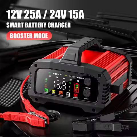 FOXSUR 25A Smart Car Battery Charger 12V/25A Portable Battery Charger Optional Charging Current Alum