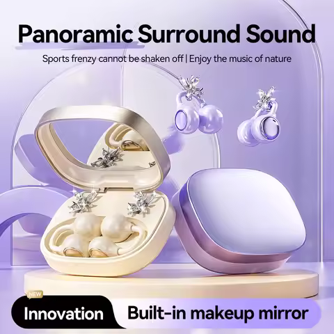 Bluetooth 6.0 Open-Ear Headphones with Makeup Mirror, Detachable Diamond Audífonos, 20Hz Bass Earpho