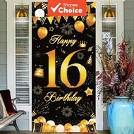Black Gold 16th Birthday Door Cover Banner – Unisex Decoration for Boy or Girl Birthday Banner