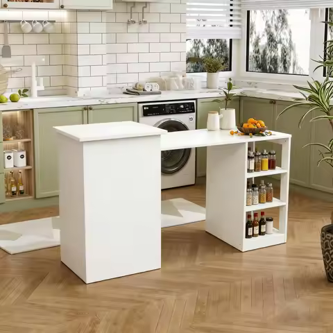 58.7'' Folding Desk Features Storage, A Power Outlet, A Convertible Kitchen Island, Shelving, And Is